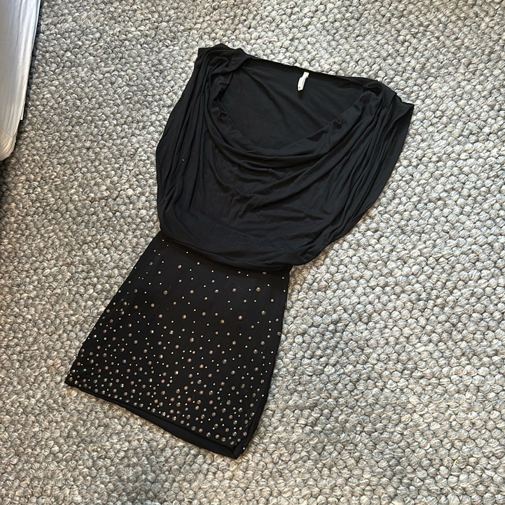 MET Black Swoop Neck Bronze Stud Mini Dress Size Small